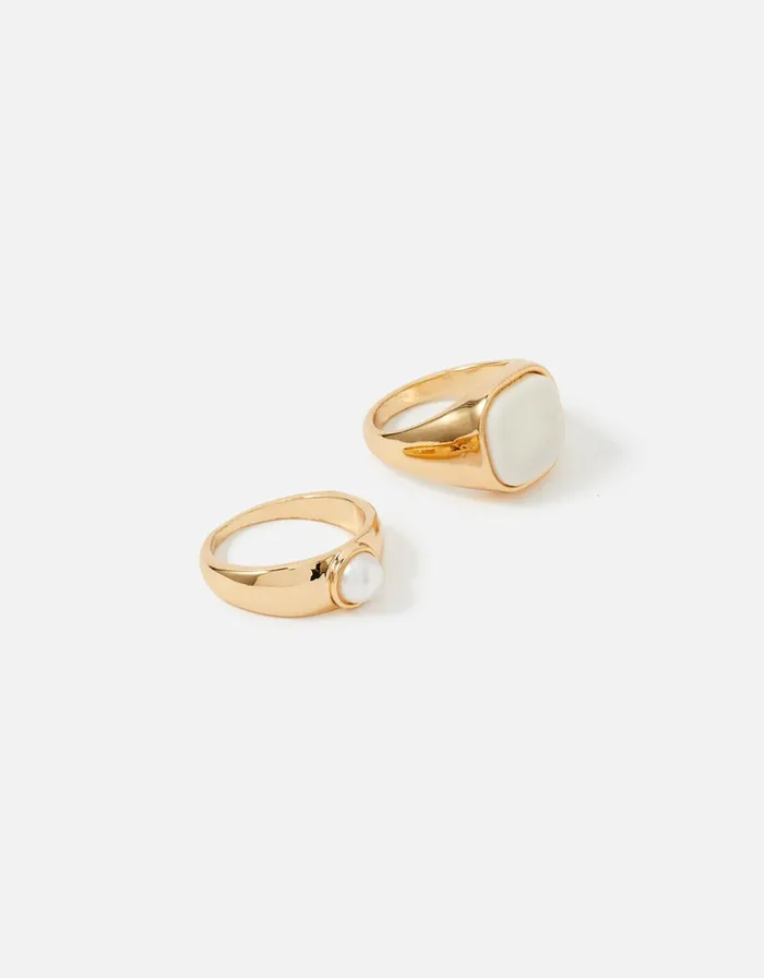 Accessorize Blue Harvest Pearl Signet Ring Duo Cream Pearl Women Rings