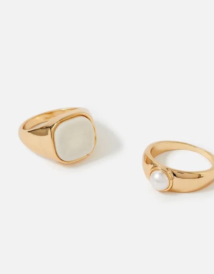 Accessorize Blue Harvest Pearl Signet Ring Duo Cream Pearl Women Rings