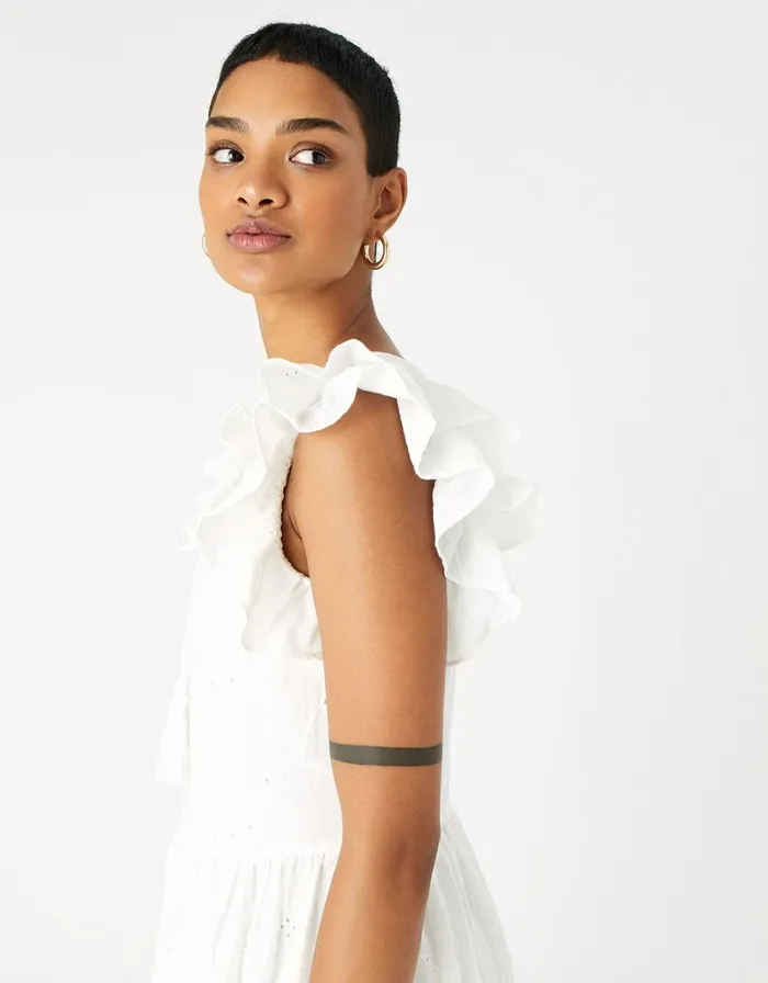 Accessorize Broderie Frill Shoulder Midi Dress White White Women Dresses