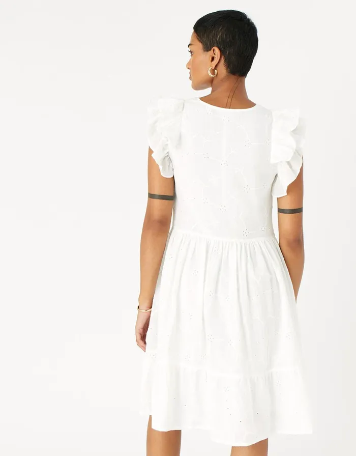 Accessorize Broderie Frill Shoulder Midi Dress White White Women Dresses