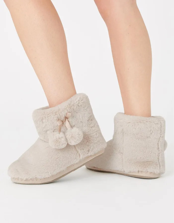 Accessorize Fluffy PomPom Slipper Boots Cream Cream Women Slippers