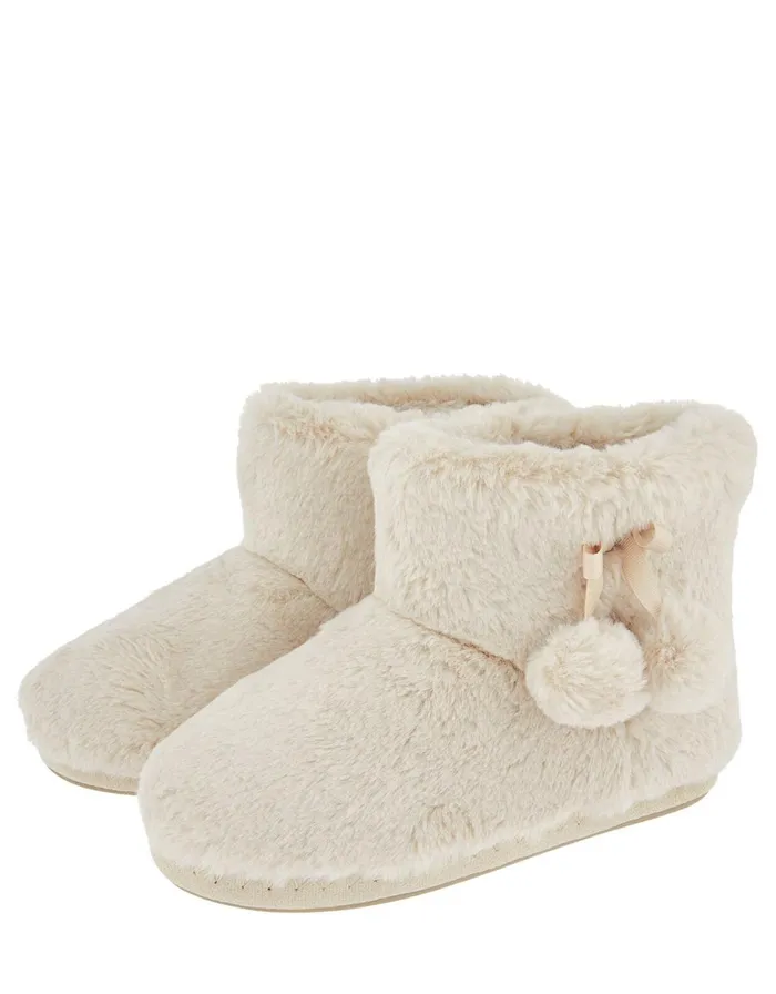Accessorize Fluffy PomPom Slipper Boots Cream Cream Women Slippers
