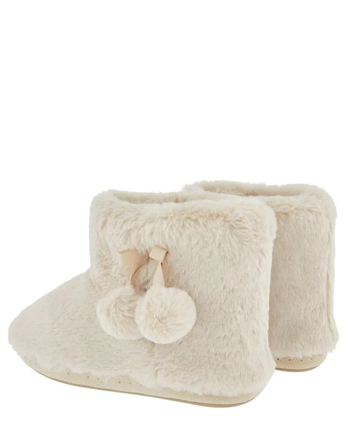 Accessorize Fluffy PomPom Slipper Boots Cream Cream Women Slippers