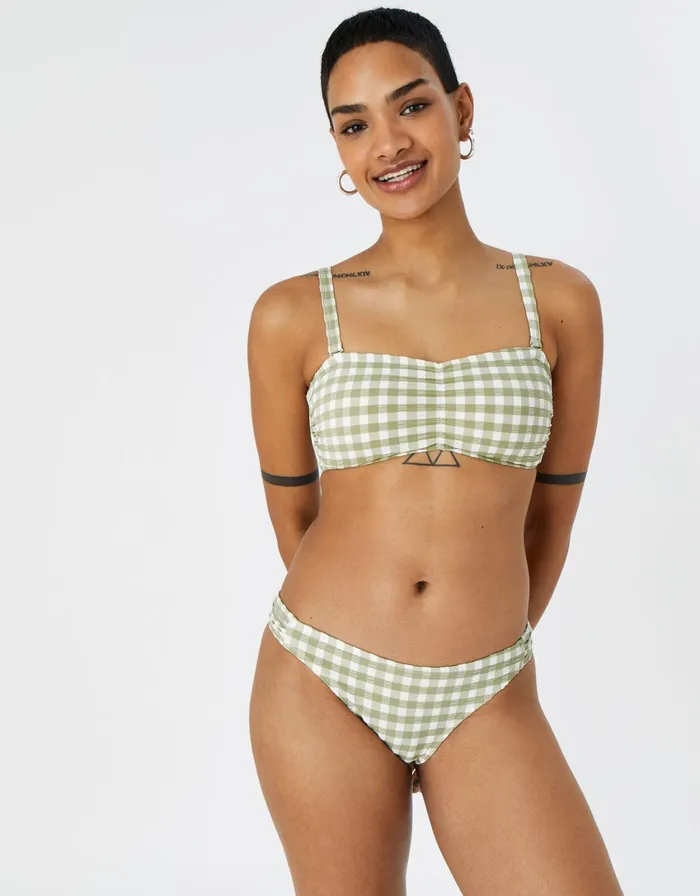 Accessorize Gingham Bandeau Bikini Top Green Khaki Women Bikinis