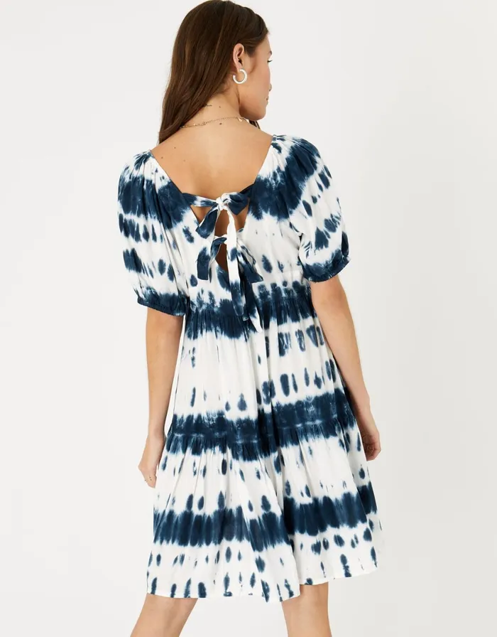 Accessorize Tie Dye Puff Sleeve Dress Blue Blue Women Dresses