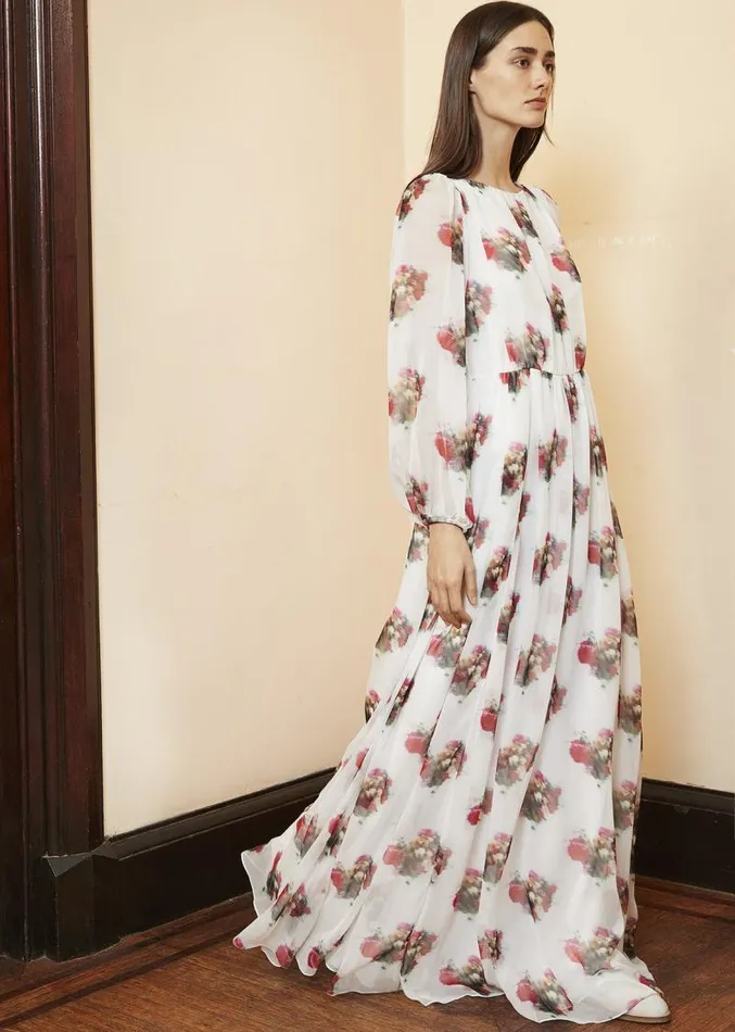 Adam Lippes Dresses and Jumpsuits Boatneck Gown In Printed Chiffon Ivory Floral 8211 Women