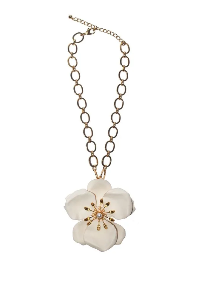 Adam Lippes Necklaces Hand Painted Large Flower Pendant Necklace Matte Ivory Gold 8211 Women