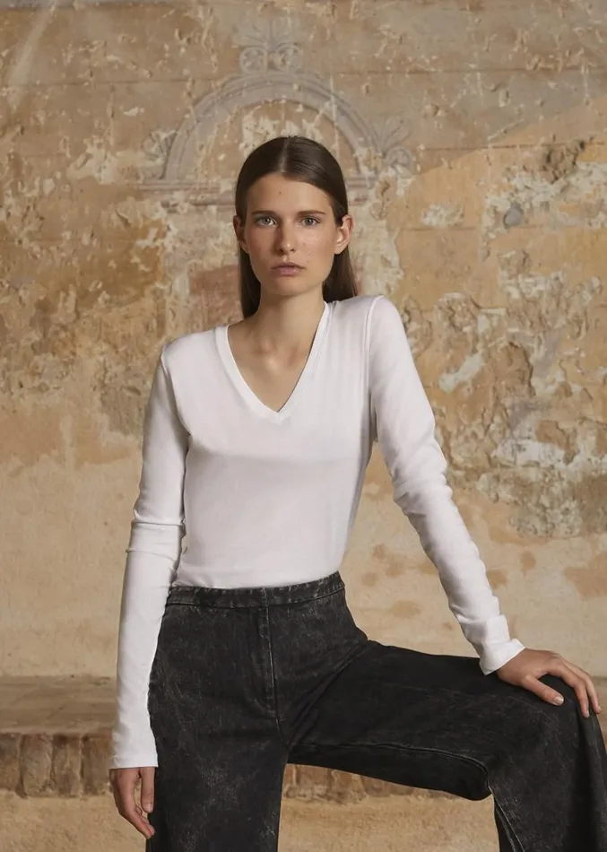 Adam Lippes Pima Cotton TShirts Long Sleeve VNeck TShirt In Pima Cotton White 8211 Women