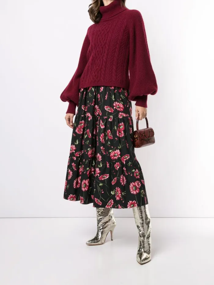 Adam Lippes Sweaters Puff Sleeve Cable Knit Turtleneck In Silk Cashmere Burgundy 8211 Women