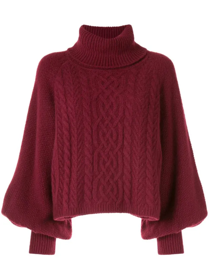 Adam Lippes Sweaters Puff Sleeve Cable Knit Turtleneck In Silk Cashmere Burgundy 8211 Women
