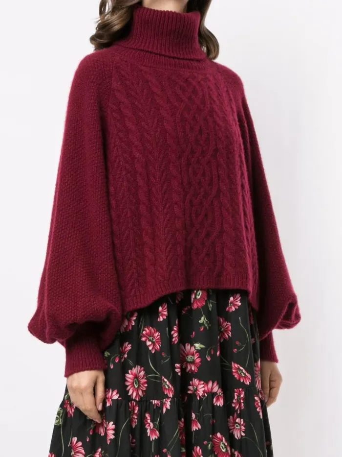 Adam Lippes Sweaters Puff Sleeve Cable Knit Turtleneck In Silk Cashmere Burgundy 8211 Women