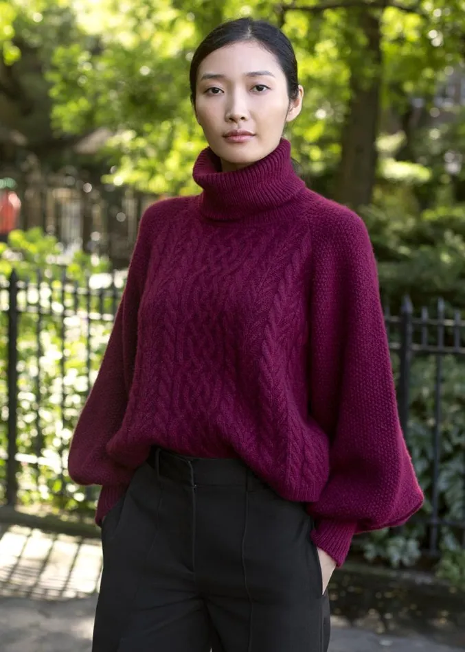 Adam Lippes Sweaters Puff Sleeve Cable Knit Turtleneck In Silk Cashmere Burgundy 8211 Women