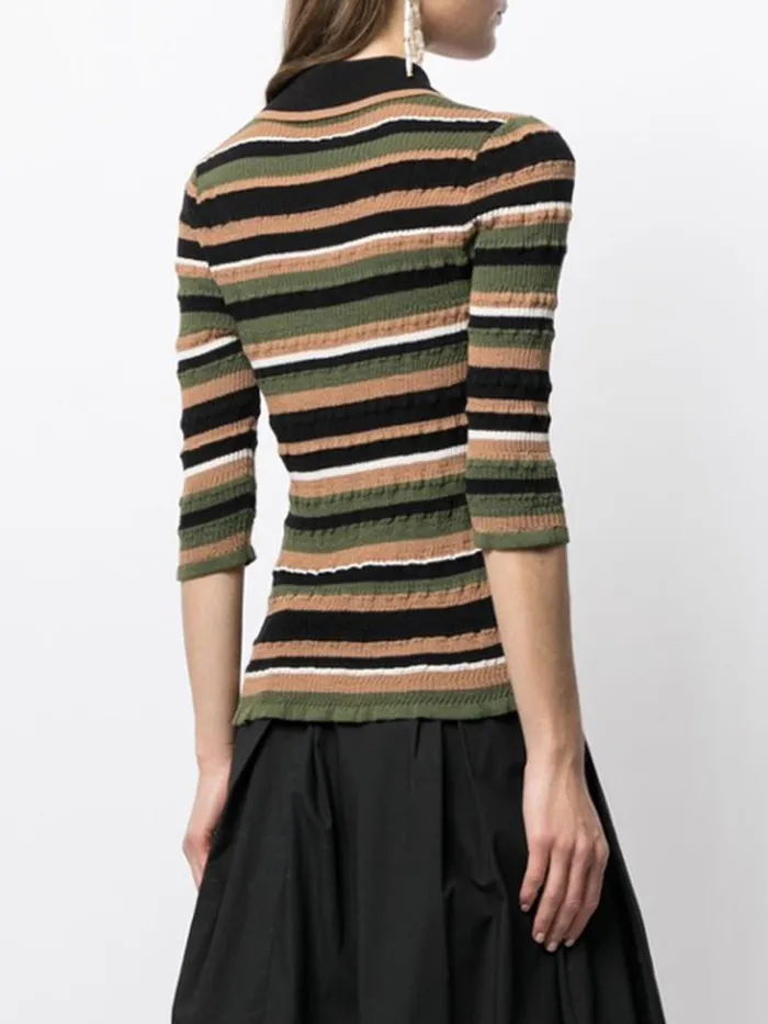 Adam Lippes Sweaters Short Sleeve Polo Sweater In Cotton Crepe Black Multi Stripe 8211 Women