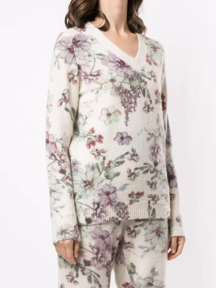 Adam Lippes Sweaters VNeck Sweater In Printed Silk Cashmere White Floral 8211 Women