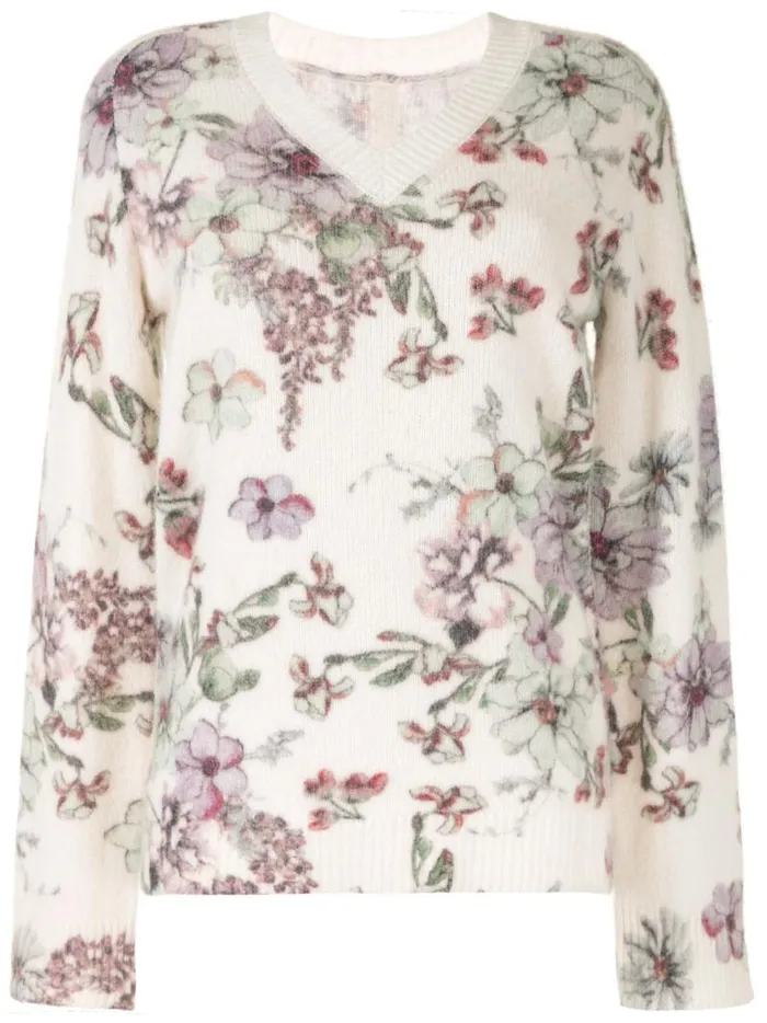 Adam Lippes Sweaters VNeck Sweater In Printed Silk Cashmere White Floral 8211 Women