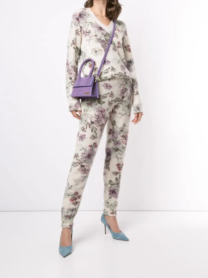 Adam Lippes Sweaters VNeck Sweater In Printed Silk Cashmere White Floral 8211 Women