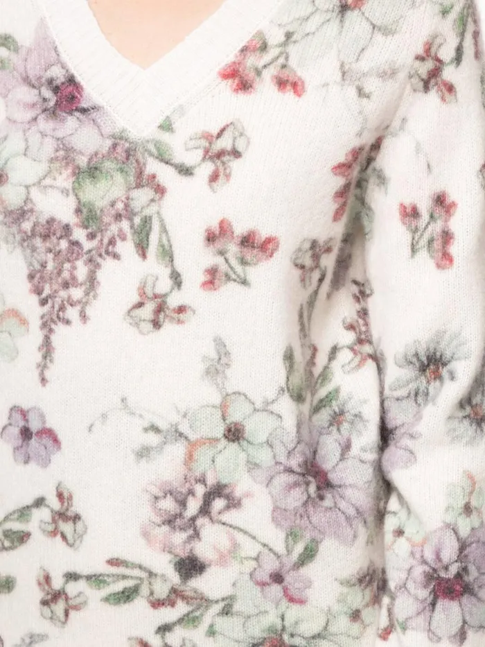 Adam Lippes Sweaters VNeck Sweater In Printed Silk Cashmere White Floral 8211 Women
