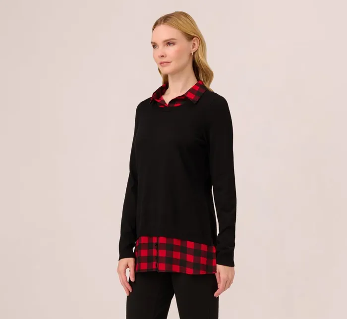 Adrianna Papell Coord Sets Long Sleeve Layered Sweater Top In Black W Red Buffalo Plaid 8211 Women