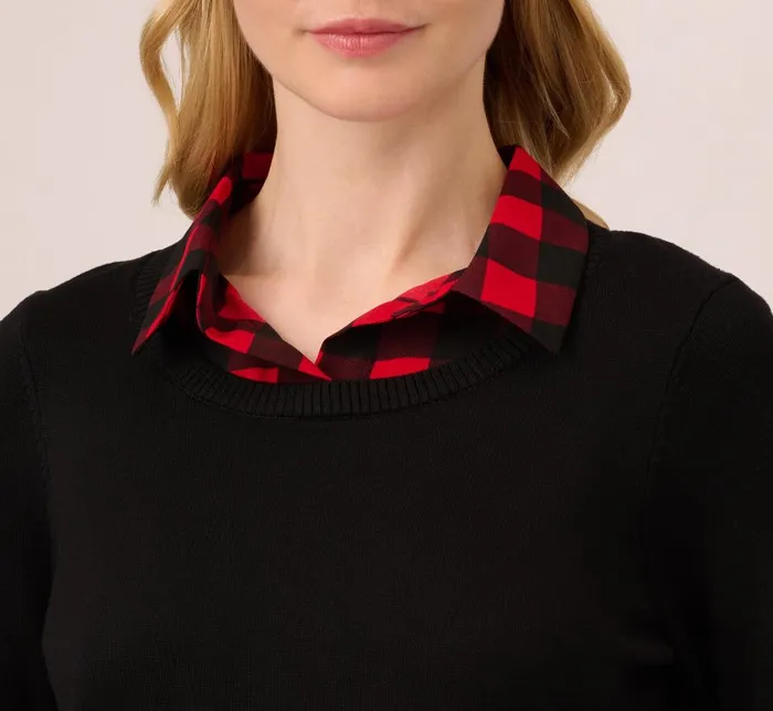 Adrianna Papell Coord Sets Long Sleeve Layered Sweater Top In Black W Red Buffalo Plaid 8211 Women