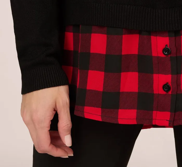 Adrianna Papell Coord Sets Long Sleeve Layered Sweater Top In Black W Red Buffalo Plaid 8211 Women