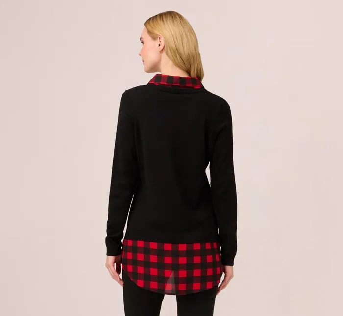 Adrianna Papell Coord Sets Long Sleeve Layered Sweater Top In Black W Red Buffalo Plaid 8211 Women