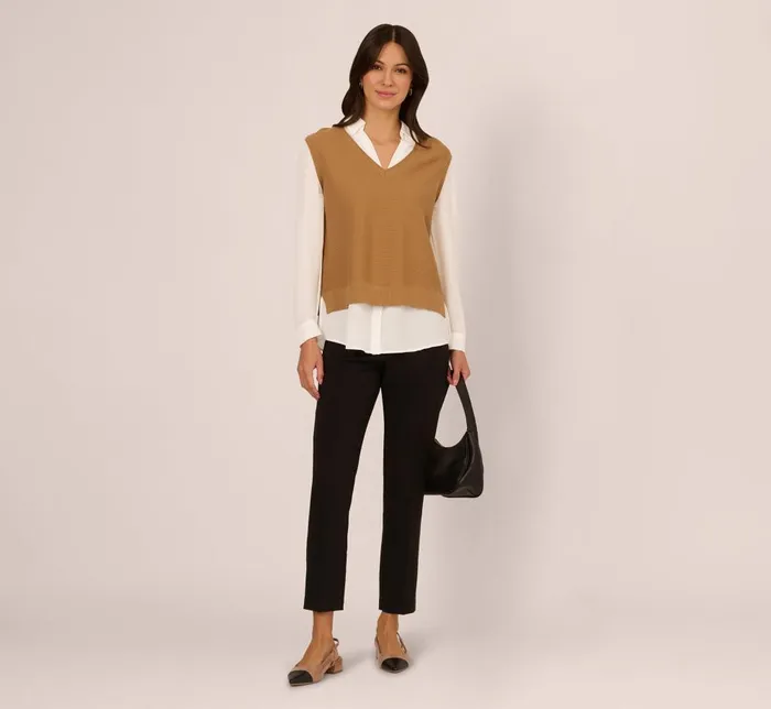 Adrianna Papell Coord Sets Sweater Vest Collared Twofer Shirt In Camel Ivory 8211 Women