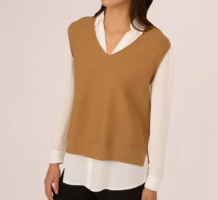 Adrianna Papell Coord Sets Sweater Vest Collared Twofer Shirt In Camel Ivory 8211 Women