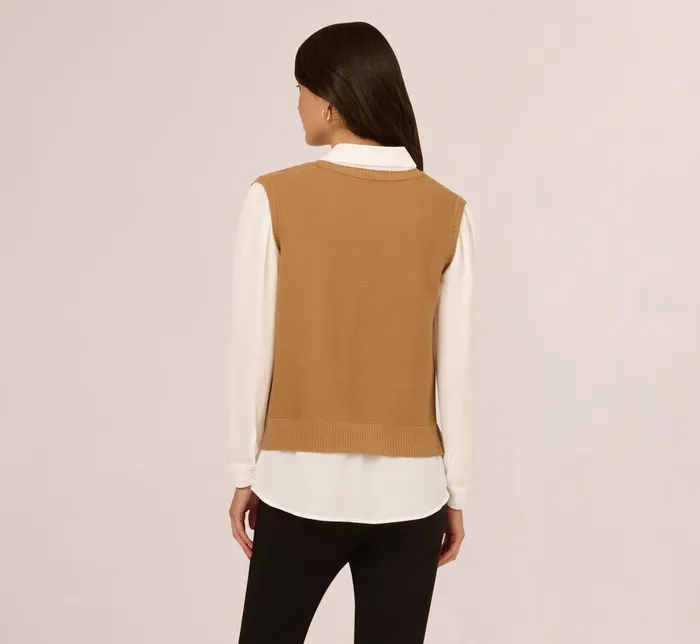 Adrianna Papell Coord Sets Sweater Vest Collared Twofer Shirt In Camel Ivory 8211 Women