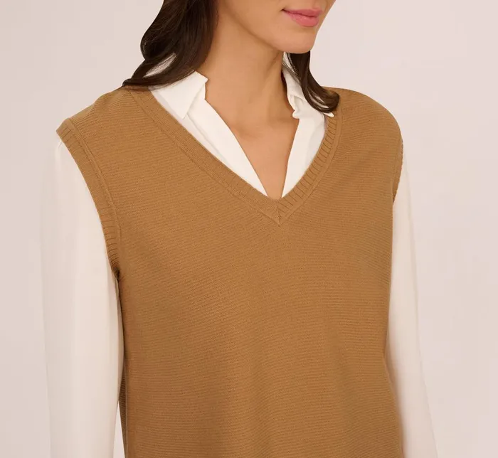 Adrianna Papell Coord Sets Sweater Vest Collared Twofer Shirt In Camel Ivory 8211 Women