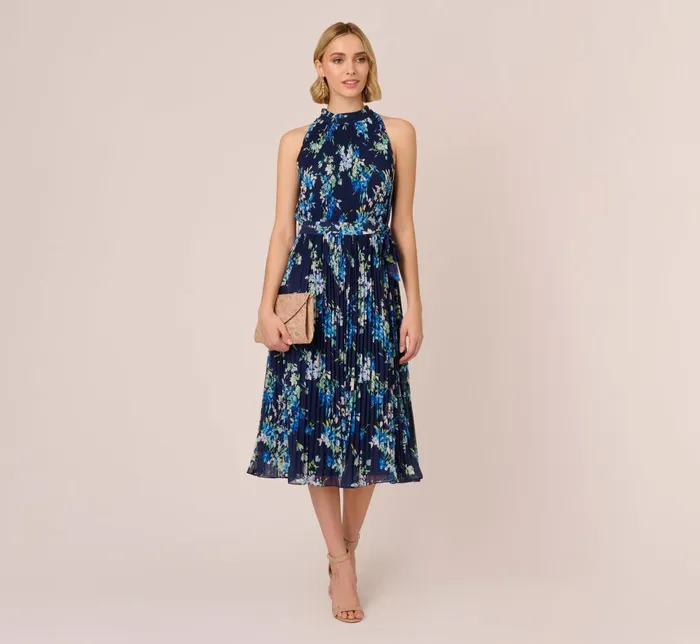 Adrianna Papell Day Dresses Floral Pleated Chiffon Dress With Mock Neckline In Navy Multi 8211 Women