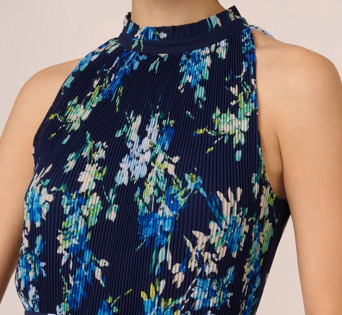 Adrianna Papell Day Dresses Floral Pleated Chiffon Dress With Mock Neckline In Navy Multi 8211 Women