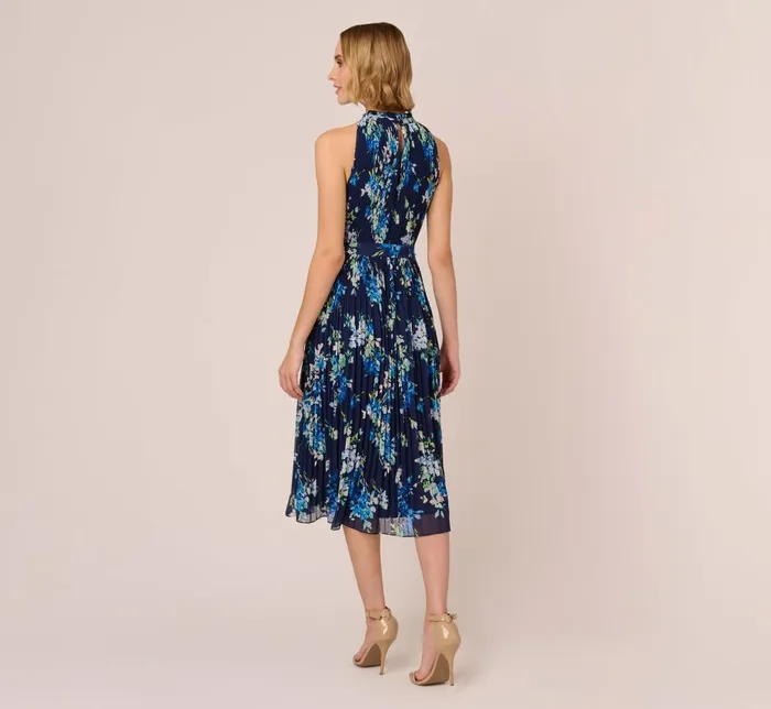 Adrianna Papell Day Dresses Floral Pleated Chiffon Dress With Mock Neckline In Navy Multi 8211 Women