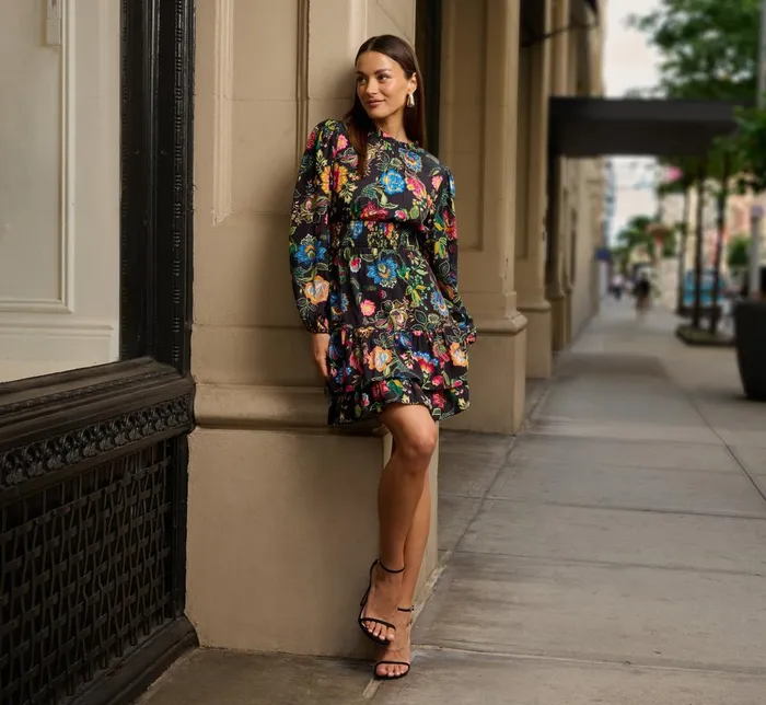 Adrianna Papell Day Dresses Floral Print Dress With Long Bishop Sleeves In Black Multi 8211 Women
