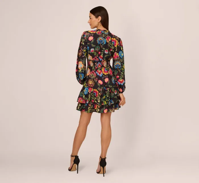 Adrianna Papell Day Dresses Floral Print Dress With Long Bishop Sleeves In Black Multi 8211 Women