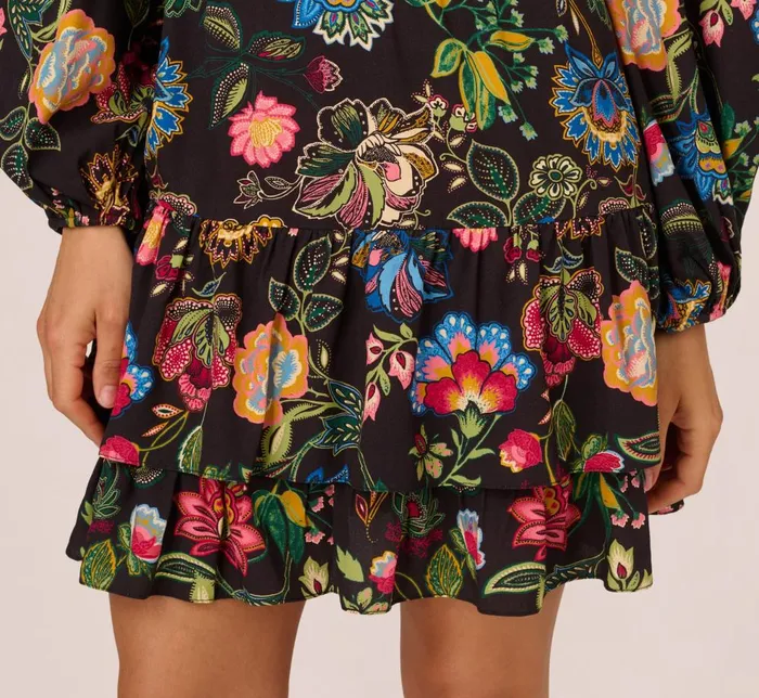 Adrianna Papell Day Dresses Floral Print Dress With Long Bishop Sleeves In Black Multi 8211 Women