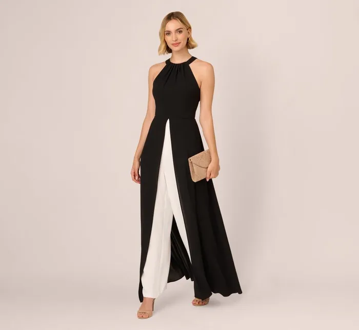 Adrianna Papell Day Dresses Halter Crepe Overlay Jumpsuit In Black Ivory 8211 Women