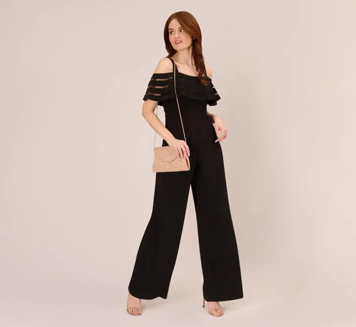 Adrianna Papell Day Dresses Jersey Banded Ruffled Jumpsuit With Cold Shoulder In Black 8211 Women