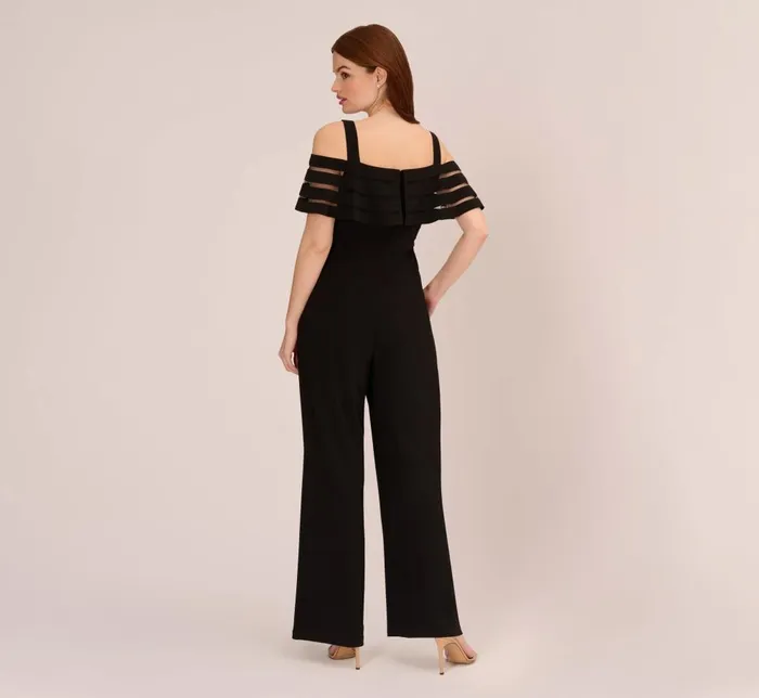 Adrianna Papell Day Dresses Jersey Banded Ruffled Jumpsuit With Cold Shoulder In Black 8211 Women
