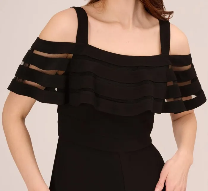 Adrianna Papell Day Dresses Jersey Banded Ruffled Jumpsuit With Cold Shoulder In Black 8211 Women