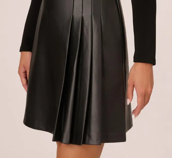 Adrianna Papell Day Dresses Long Sleeve Ponte Knit Dress With Faux Leather Skirt In Black 8211 Women