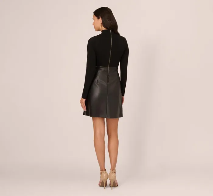 Adrianna Papell Day Dresses Long Sleeve Ponte Knit Dress With Faux Leather Skirt In Black 8211 Women