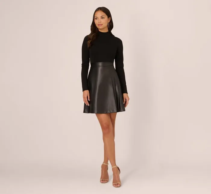 Adrianna Papell Day Dresses Long Sleeve Ponte Knit Dress With Faux Leather Skirt In Black 8211 Women