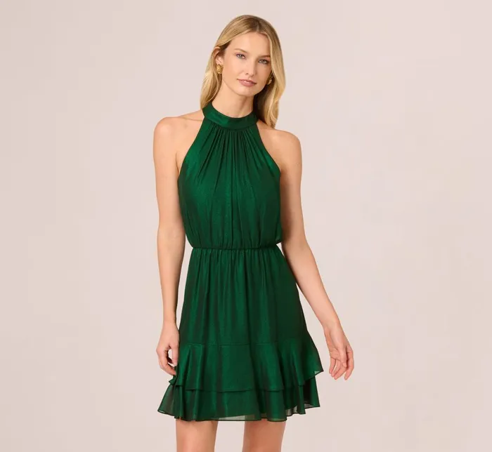 Adrianna Papell Day Dresses Metallic Blouson Halter Dress In Emerald Green 8211 Women