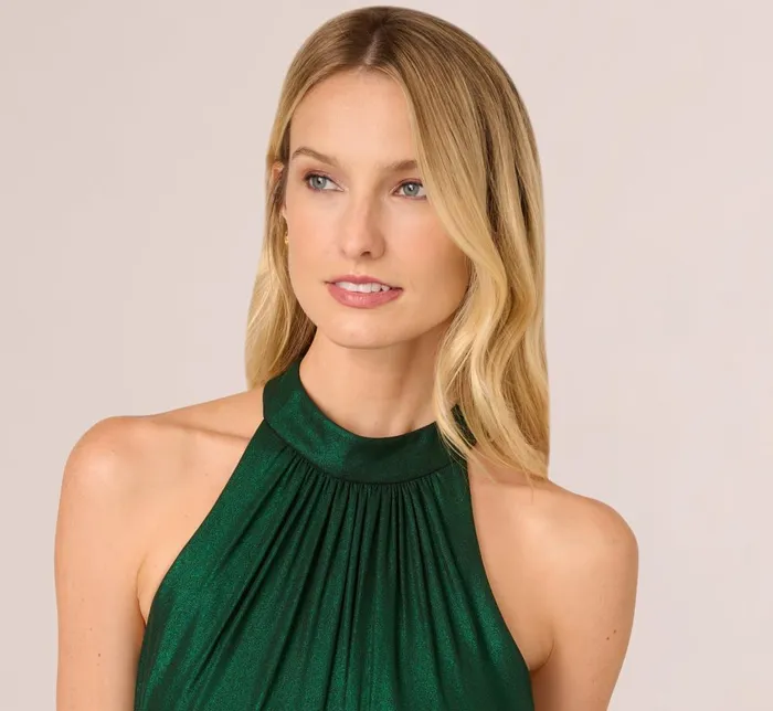 Adrianna Papell Day Dresses Metallic Blouson Halter Dress In Emerald Green 8211 Women