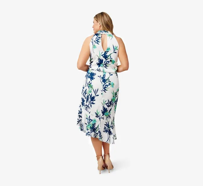 Adrianna Papell Day Dresses Plus Size FloralPrint Crepe MidiLength Blouson Halter Dress In Ivory Multi 8211 Women