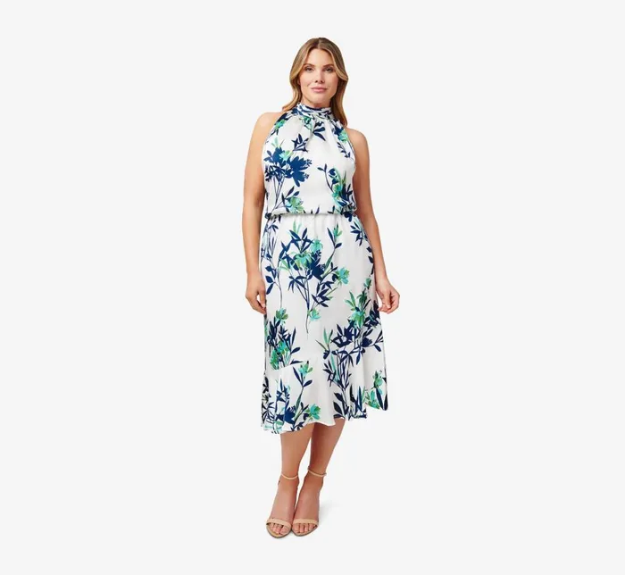 Adrianna Papell Day Dresses Plus Size FloralPrint Crepe MidiLength Blouson Halter Dress In Ivory Multi 8211 Women