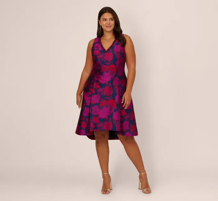 Adrianna Papell Day Dresses Plus Size Sleeveless Floral Jacquard Midi Dress With High Low Skirt In Navy Multi 8211 Women