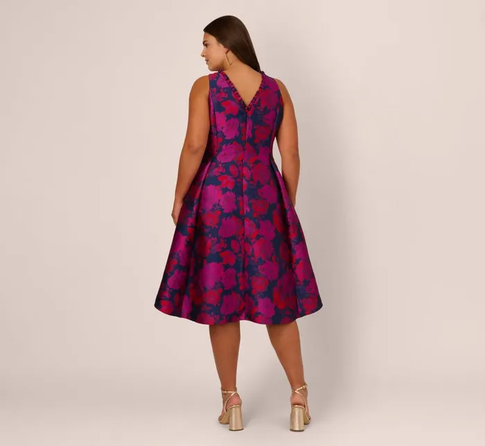 Adrianna Papell Day Dresses Plus Size Sleeveless Floral Jacquard Midi Dress With High Low Skirt In Navy Multi 8211 Women