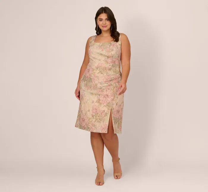 Adrianna Papell Day Dresses Plus Size Sleeveless Floral Matelasse Sheath Dress With Pleated Details In Rose Multi 8211 Women