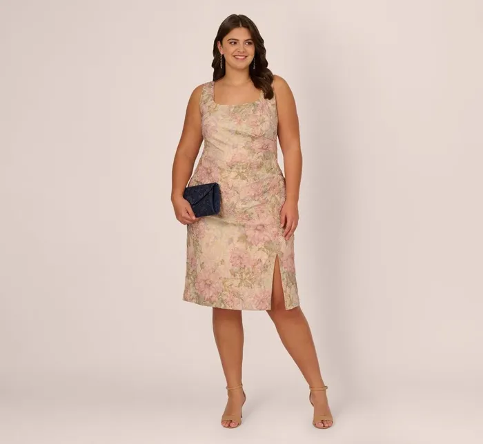 Adrianna Papell Day Dresses Plus Size Sleeveless Floral Matelasse Sheath Dress With Pleated Details In Rose Multi 8211 Women